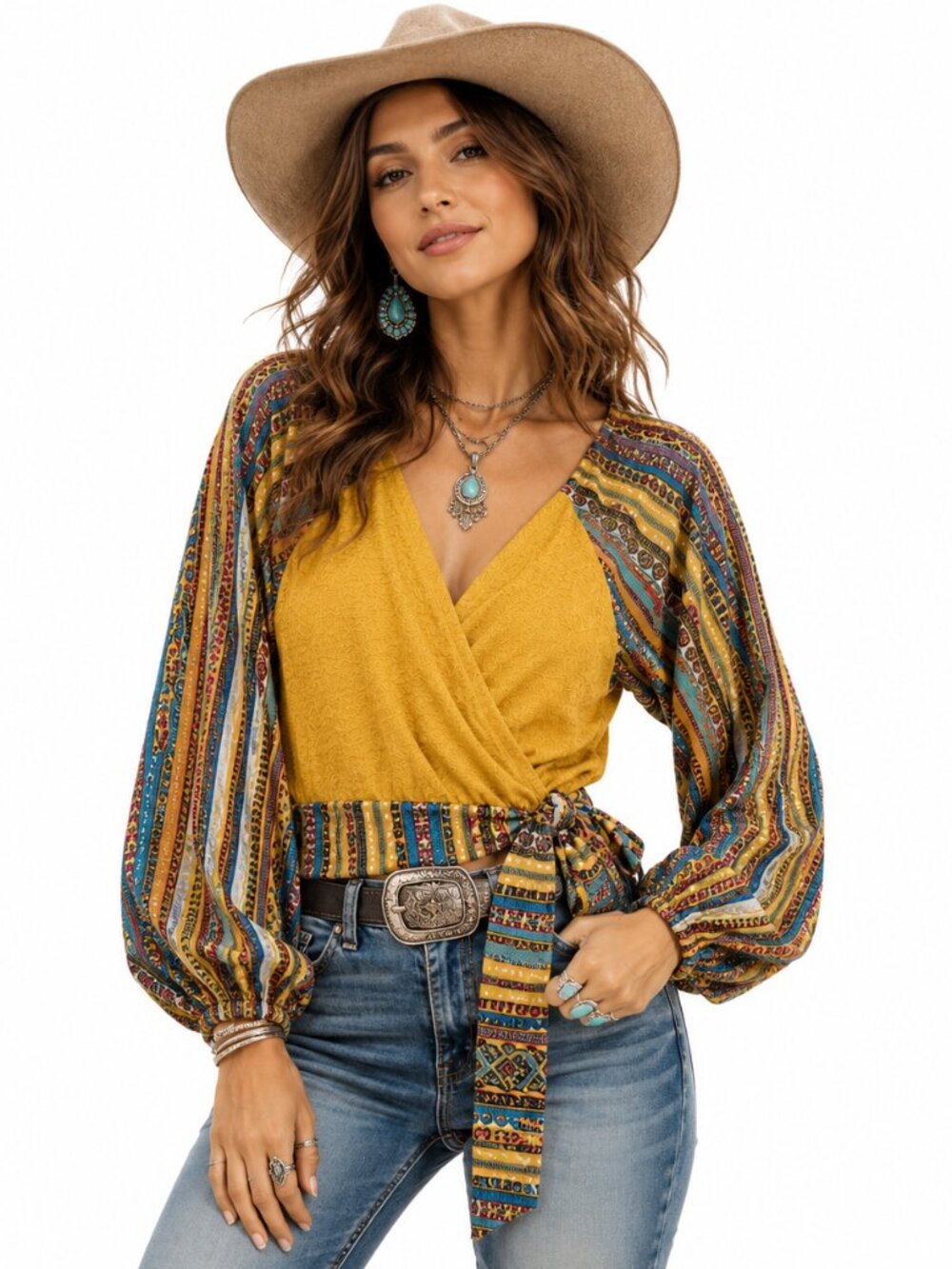 Flying Tomato Wrap Blouse Womens S‎ Aztec Print Cotton Boho Festival Western Top